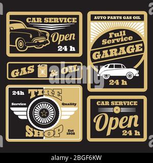 Black golden retro vintage car service labels of set. Vector illustration Stock Vector