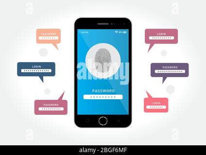 Vector graphics depicting a black smartphone with a data security system by a fingerprint. Stock Vector