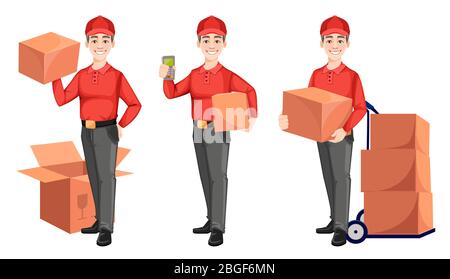 Courier with carton boxes, set of three poses. Delivery service concept. Delivery man cartoon character. Vector illustration isolated on white backgro Stock Vector