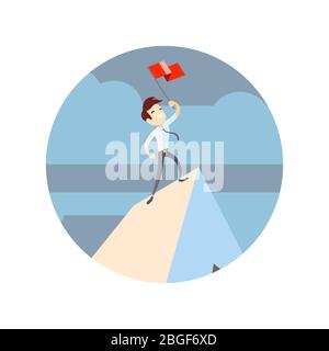 Businessman holding flag on mountain peak. Success business concept flat logo. Vector illustration Stock Vector