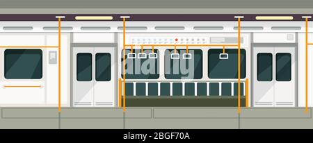 Empty subway train inside view. Metro carriage vector interior. Transport train subway interior empty illustration Stock Vector