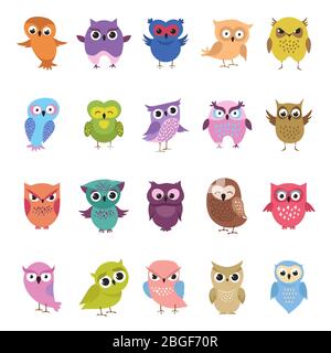 Cartoon cute owls set. Funny and angry colored birds big collection. Vector illustration Stock Vector