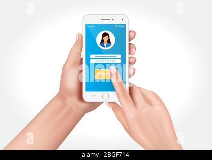 Vector design showing hands holding a smartphone with the option to login to the application. Stock Vector