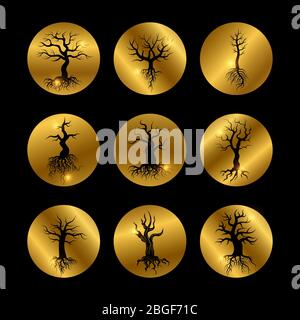 Black trees silhouette icons set with shiny golden elements. Vector illustration Stock Vector