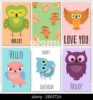Kids cards with cute cartoon owl. Vector owl character on card birthday illustration Stock Vector