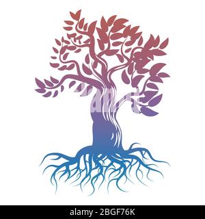 Magic bright tree with roots. Tree silhouette isolated on white background. Vector illustration Stock Vector