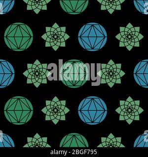 Abstract seamless repeat pattern with circles divided by geometric shapes and flowers. Stock Vector