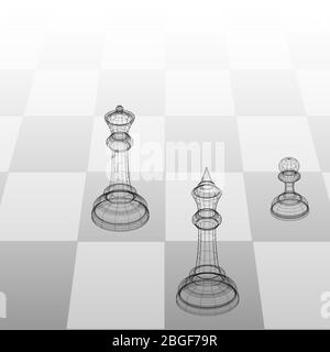 3d frame illustration chess pieces king, queen and pawn on a chessboard in perspective Stock Vector