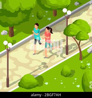 Sport family running in park vector isometric 3d illustration. Healthy lifestyle concept. Sport and fitness outdoor, people run active illustration Stock Vector