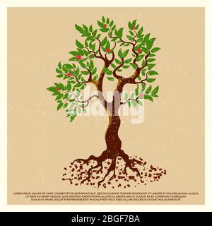 Vintage grunge poster with blossom fruit tree isolated on background. Vector illustration Stock Vector