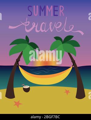 Summer travel. Yellow hammock by the sea. Coconut palms, starfish on the beach. Evening landscape. Rest, travel and vacation. Design for postcards, ad Stock Vector