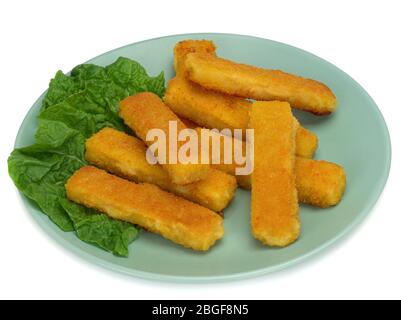 Fish fingers made of fish fillet in a plate Stock Photo