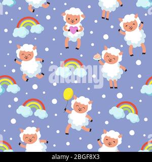 White lamb, small sheep baby. Sweet dream vector seamless pattern. Sheep character background, dream animal colorful illustration Stock Vector