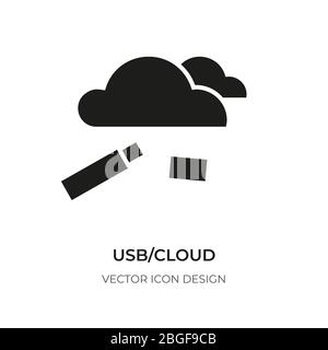 Glyph usb and cloud icons. Graphic sign digital tool technology storage information. Template logo design for web site, app, ui. Pictogram simple silhouette transfer data. Isolated vector illustration Stock Vector