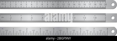 Metallic school rulers with inch and centimeter measuring scale vector illustration isolated on white background. Ruler centimeter, millimeter, instrument with inch length for measurement Stock Vector