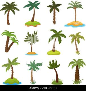 Cartoon palm trees on tropical exotic islands vector set. Illustration of island with green palm collection Stock Vector