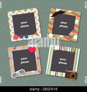Vintage scrapbook picture frames. Retro kids birthday photo frame vector templates. Picture frame, album photograph, snapshot on wall illustration Stock Vector