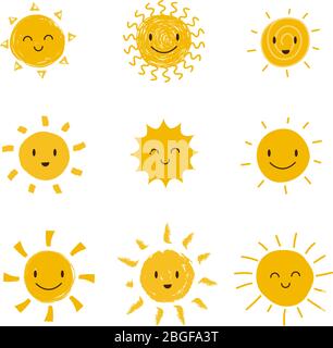 Cute happy sun with smiley face. Summer sunshine vector set isolated. Face smile sun, cartoon yellow shine illustration Stock Vector