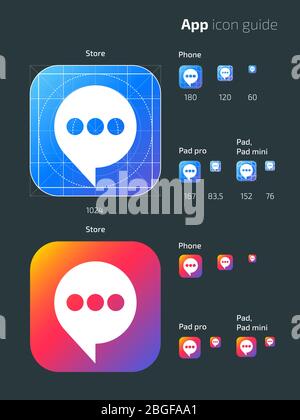 Smart phone app vector mobile os icon templates with guidelines. User guide app web icon, mobile application button illustration Stock Vector