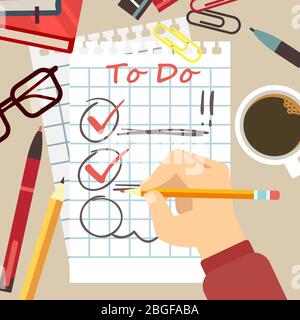 Flat organize concept - to do list and office accessorises. Vector illustration Stock Vector