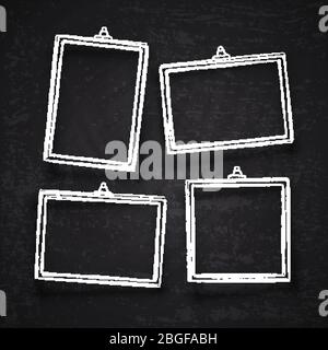 Old hand drawn chalk photo frames, white vintage image borders with shadows isolated on blackboard vector set. Chalk frame on blackboard, drawing framework for menu illustration Stock Vector