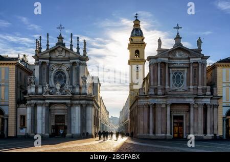 Piazza San Carlo, one of the main squares of Turin (Italy) with its twin churches Stock Photo