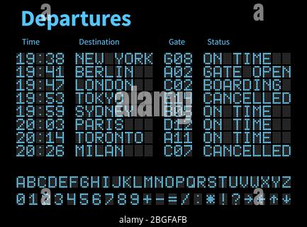 Departures and arrivals airport digital board vector template. Airline scoreboard with led letters and numbers. Airport display digital, scoreboard panel board illustration Stock Vector