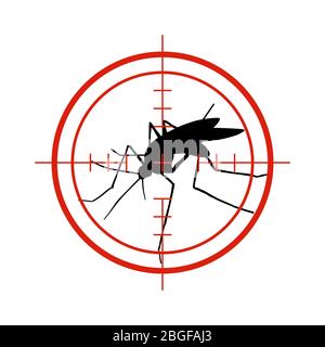 Mosquito in red target. Anti mosquitoes, dengue epidemic insect control vector symbol isolated. Control mosquito insect, warning and target focus illustration Stock Vector