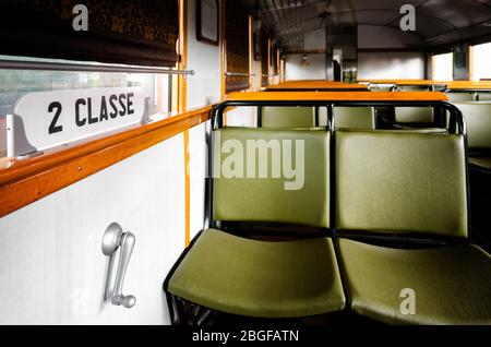 Second class compartment of an italian Littorina, old rail motor coach from world war II period Stock Photo