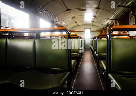 Second class compartment of an italian Littorina, old rail motor coach from world war II period Stock Photo