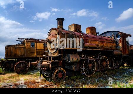 Rusty old talian steam and electric locomotives Stock Photo