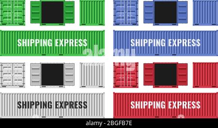 Red, blue, white and green shipping cargo metal containers. Customs port logistics vector icons. Cargo freight, shipping industrial box illustration Stock Vector