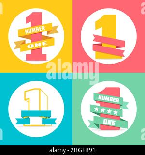 Bright vector colored flat number one with ribbon set illustration Stock Vector