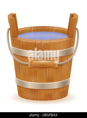 wooden bucket with wood texture old retro vintage vector illustration isolated on white background Stock Photo