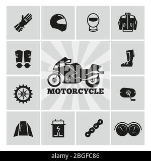 Moto parts motorcycle accessories silhouette icons set. Gear for motorbike. Vector illustration Stock Vector