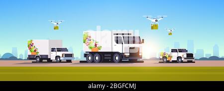 drones quadcopters and realistic vans with organic vegetables on highway natural vegan farm food delivery service cityscape background horizontal flat vector illustration Stock Vector