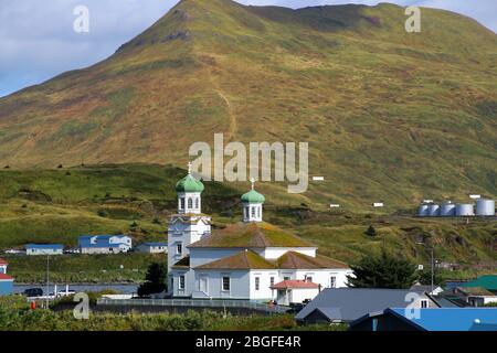 Alaska, view of Dutch Harbor in the centre the Church of the Holy Ascension