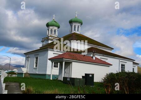 Alaska, view of Dutch Harbor in the centre the Church of the Holy Ascension Stock Photo