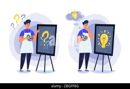 Bundle of two images of a young designer, freelancer or painter who tries to catch his idea. Stock Vector