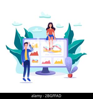 Two young people are analyzing their business process. Stock Vector