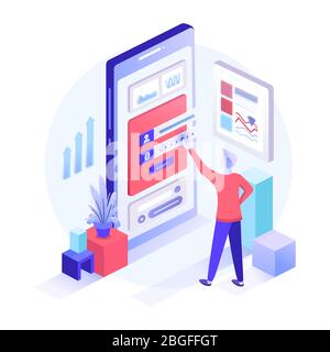 Isometric registration form or login user interface. A man stands in front of inputted secured data. Stock Vector