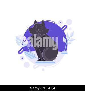 Cartoon black Bombay cat standing on the blue platform. Completed and isolated vector illustration. Stock Vector
