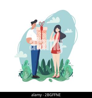 Man gives a present to his embarrassed girlfriend. Pure love and a good relationship. Stock Vector