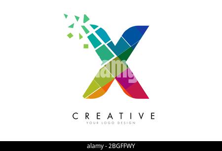 Letter X Design with Rainbow Shattered Blocks Vector Illustration. Pixel art of the X letter logo. Stock Vector