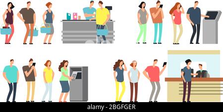 Queues of people vector set. Man and woman standing in line at atm, terminal and bank vector cartoon icons set. Queue man and woman to atm bank, finance banking counter illustration Stock Vector