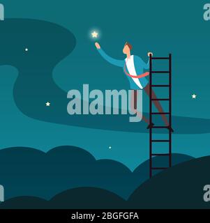 Successful businessman reaching star. Man climbing to stars. Business and career success vector concept. Success career business, illustration of businessman successful Stock Vector