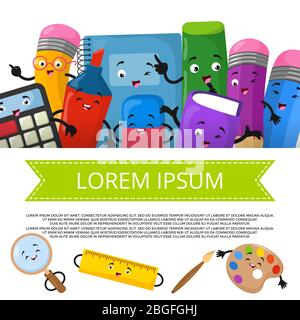 Cute cartoon stationery banner template. Stationery pencil and cartoon pen accessory. Vector illustration Stock Vector