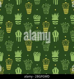 Green seamless pattern with potted plants cactuses and succulents in doodle style isolated on green background. Vector outline, simple illustration ho Stock Vector
