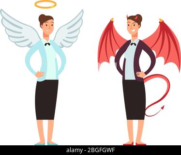 Businesswoman in angel and devil suit. Good and bad woman vector cartoon character. illustration of angel and devil, businesswoman evil demon and angel Stock Vector