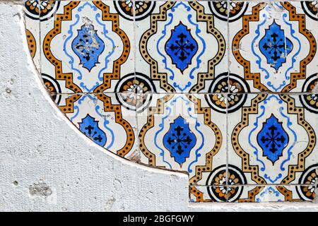 traditional portuguese azulejos, typical tin glazed white and blue ceramic tiles used to decorate walls, churches and palaces Stock Photo
